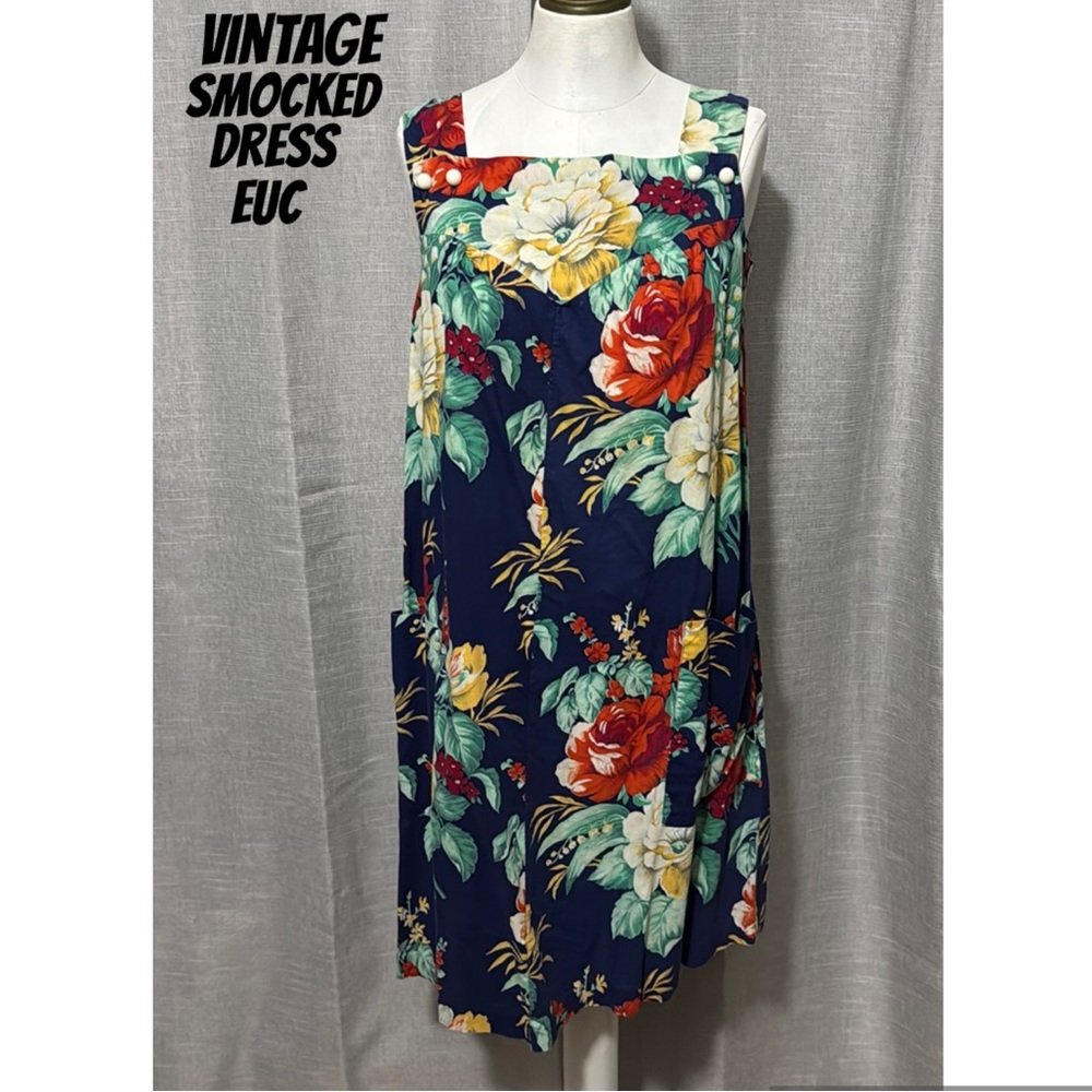 Vintage Smart Time-Smocked Style Dress-Blue Floral-Cotton-EUC